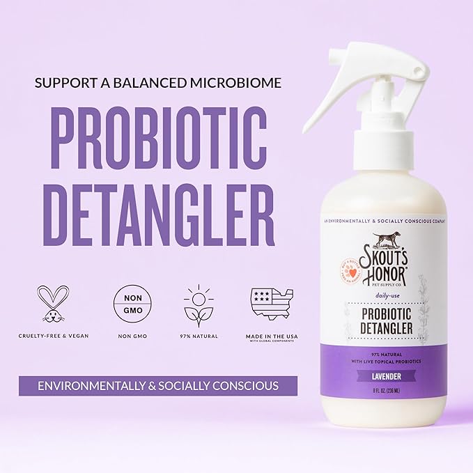 Skout's Honor Probiotic Pet Detangler Spray - Hydrating & Conditioning with Avocado Oil, 97% Natural, Paraben & Sulfate-Free, softens for a More brushable Coat, Daily Use, 8oz, Lavender