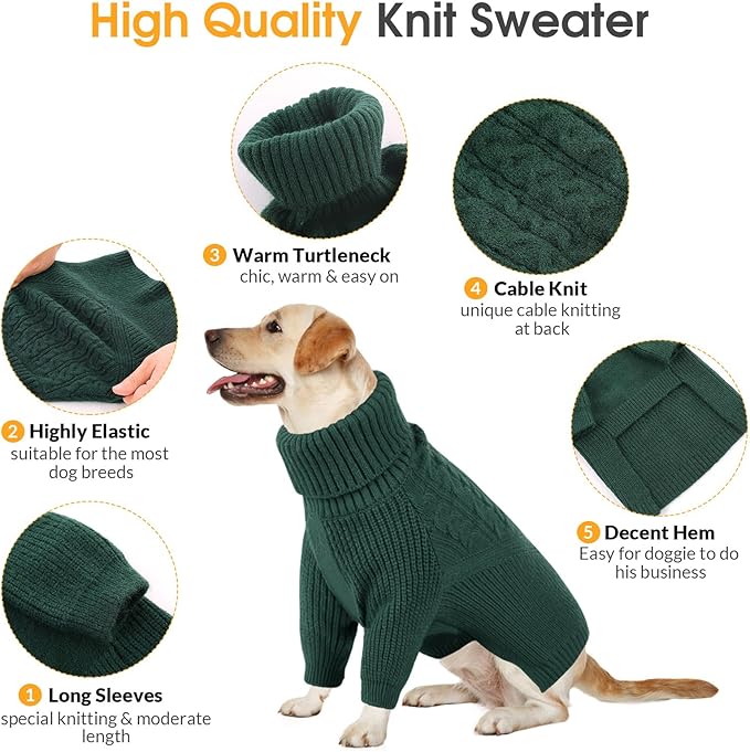 Queenmore Large Dog Sweater for Girl or Boy, Christmas Knitwear, Winter Puppy Sweatshirt, Pet Chunky Warm Coat for Small Medium Dogs, Green L