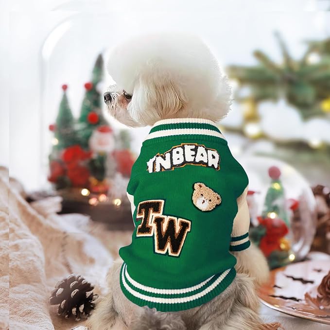 Small Dog Sweater Sweatshirt Cute Puppy Sweaters - Winter Green Warm Knitted Bear Design for Puppies (M)