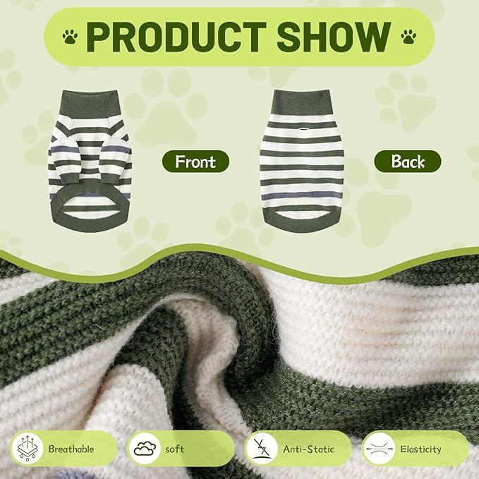 Small Dog Sweater, Knitted Striped Pullover Dog Clothes for Cold Weather, Thick Warm Cozy Stretchy Sweater for Chihuahua, Bulldog, Dachshund, Pug(Green & White Strip, S)
