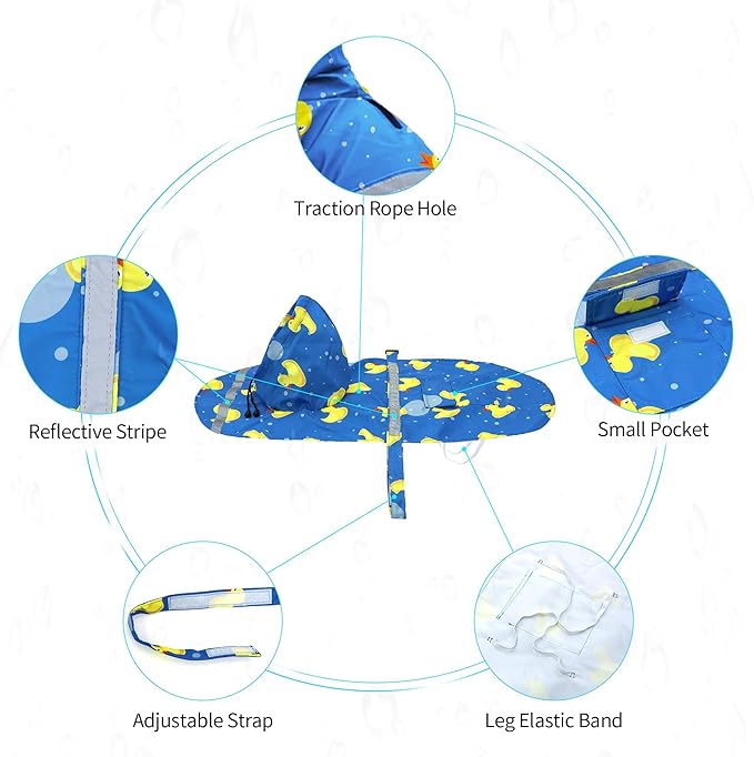 NACOCO Large Dog Raincoat Adjustable-Pet Rubber Ducks Yellow Water Proof Clothes Lightweight Rain Jacket Poncho Hoodies with Strip Reflective Blue (Blue XXL, Yellow Duck)
