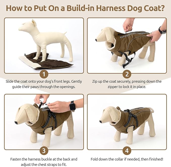 Dog Winter Coat with Harness Built in Warm Puffer Dog Jackets for Small Medium Large Dogs Windproof Waterproof Outfit with Plush Lining and Reflective Stripes (Brown, XL)