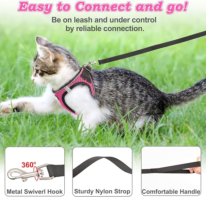 Cat Harness and Leash for Walking Escape Proof, Adjustable Kitten Vest Harness Reflective Soft Mesh Puppy Harness for Outdoor, Comfort Fit, Easy to Control (Pink, XXS)