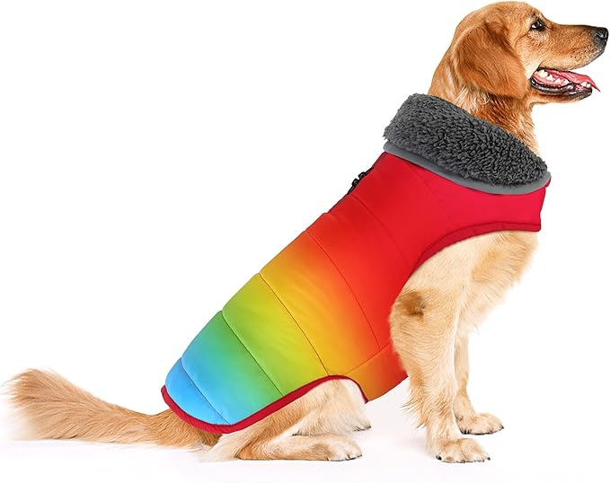 Dog Winter Coat, Waterproof Dog Jacket with Leash Hole, Reflective Adjustable Pet Snow Vest, Warm Fleece Sweater for Small Medium Large Dogs - Rainbow, 3XL