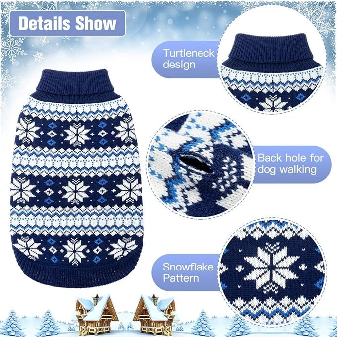 KOOLTAIL Cable Knit Dog Sweater Turtleneck, Cold Weather Pullover Classic Knitwear, Snowflake Pattern Thick Warm Winter Pet Clothes, Dog Christmas Sweater for Small Medium Large Dogs Cats,Navy Blue ML