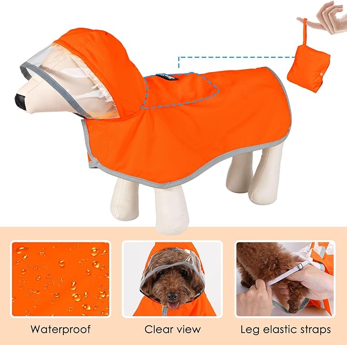 SlowTon Dog Raincoat, Adjustable Dog Rain Jacket Clear Hooded Double Layer, Waterproof Poncho with Reflective Strip Straps and Storage Pocket for Small Medium Large Dogs Puppies(OR S)