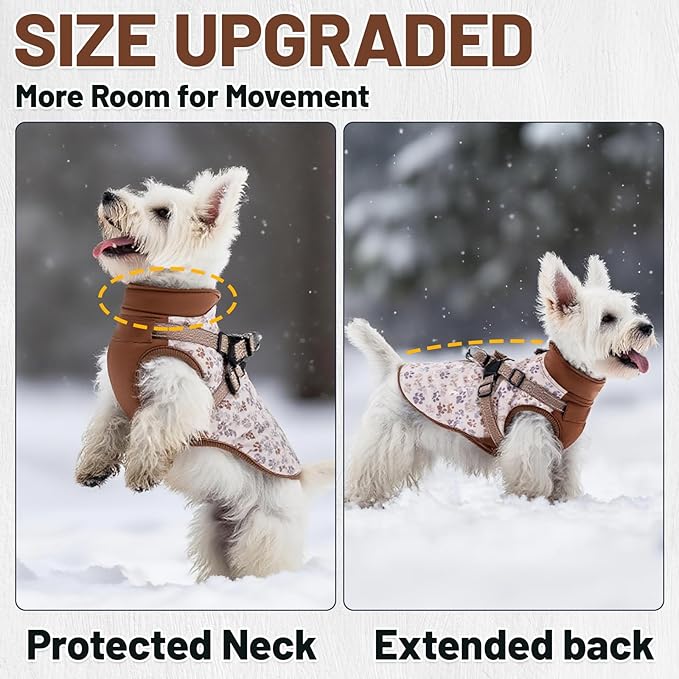 Dog Winter Coat for Small & Medium Dogs (Up to 32lb), Waterproof Dog Coat with Harness, Puppies Windproof Puppy Puffer Jacket, Snowsuit for Dachshund,Frenchie, Corgi (Paw Brown, XLarge)