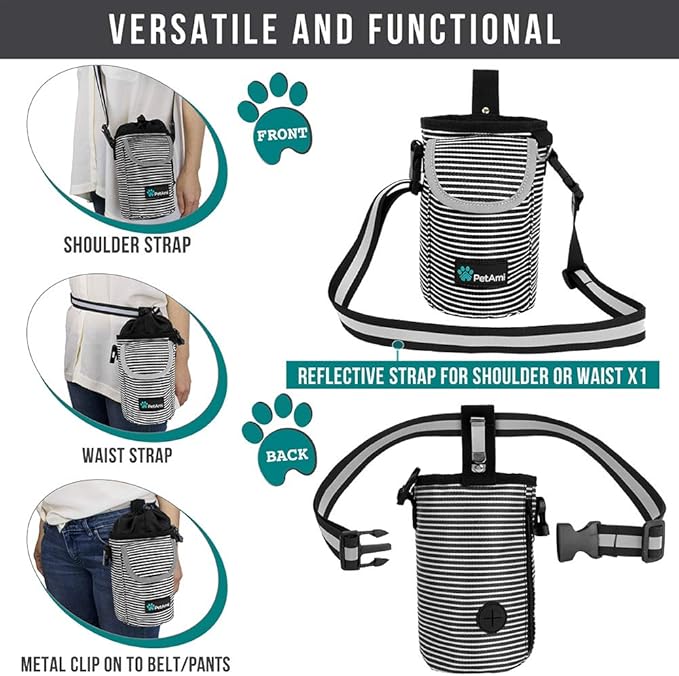 PetAmi Dog Treat Pouch, Large Pet Training Treat Pouch with Pocket, Dog Trainer Essentials Supply Holder with Poop Bag Dispenser, Training Bag for Kibbles Toys, 3 Ways to Wear (Stripe Black)