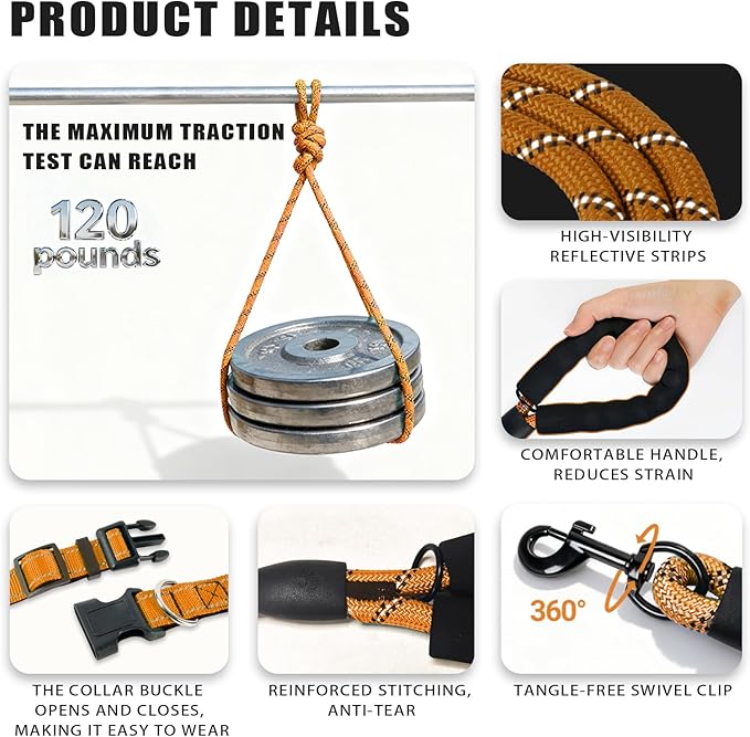 Nylon Dog Leash for Medium Large Dogs, 5-FTReflective Heavy Duty Leash with Comfortable Handle & Poop Bag Dispenser Ring, 1/2 Inch Wide, Secure Reinforcement for Walking (Orange, M)