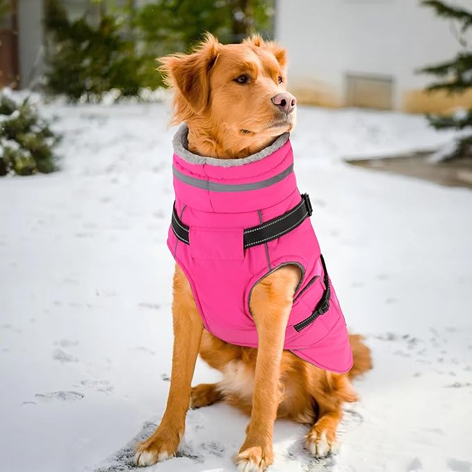 PETDSH Dog Coat Large, Built-in Harness Dog Jacket with Warm Fleece Lining, Waterproof Reflective Dogs Winter Coat, Pet Coats with Pocket and Trash Bags (Pink, XX-Large)