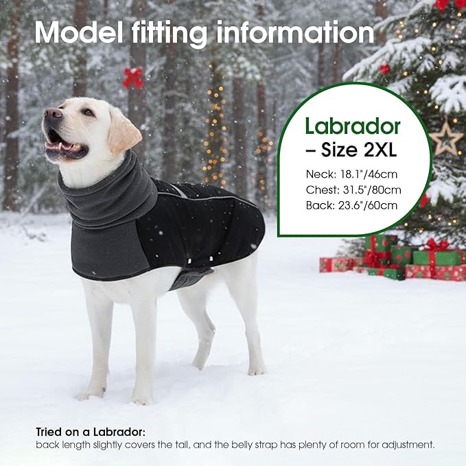 ASENKU Dog Coat, Dog Winter Jackets with Fleece Turtleneck, Windproof, Reflective Pet Snow Jacket for Cold Weather, Coats for Large Size Dogs Black, XXL