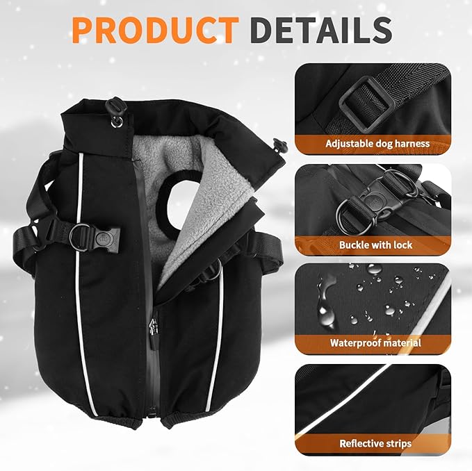 Dog Winter Coat Reflective Water-Resistant Jacket, Fleece Lined Windproof Puppy Coat with Back Zipper & D-Ring, Cold Weather Dog Coats for Small Medium Large Dogs (XL, Black)