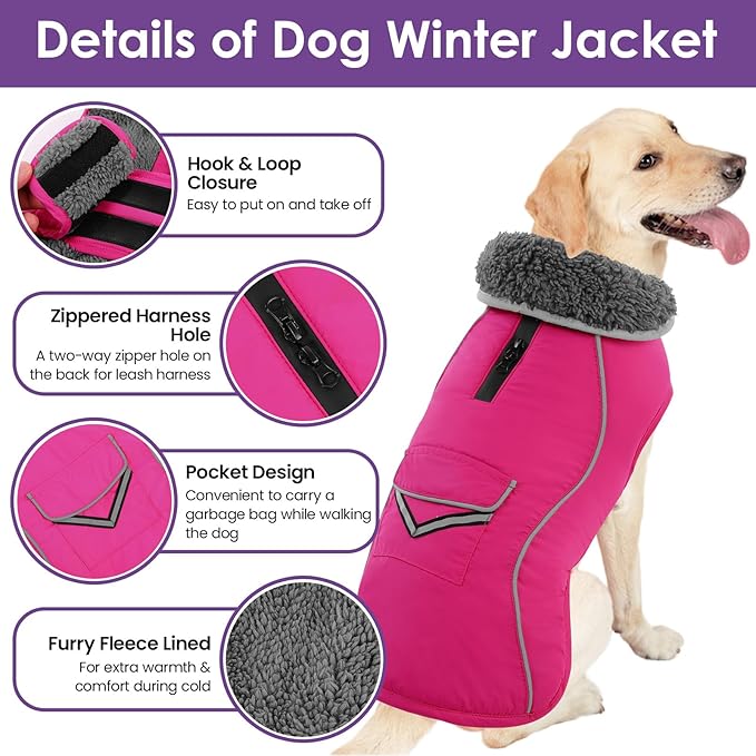 SUNFURA Dog Winter Coat, Medium Dog Coat Jacket with Fleece Lining for Cold Weather, Warm Puffer Jacket Turtleneck Snowsuit with Leash Hole for Jack Russel, Boston Terrier, Hot Pink M