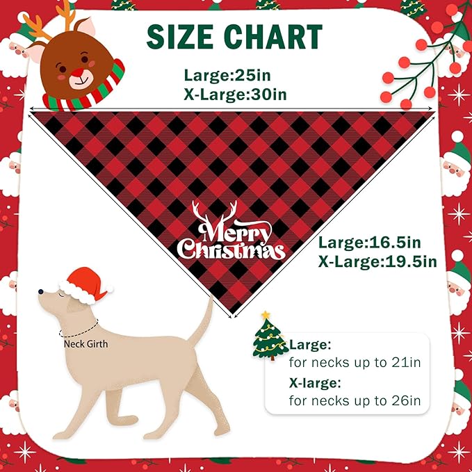 SCENEREAL Christmas Dog Bandanas 2 Pack, Puppy Xmas Santa Claus Elk Triangle Bibs Handkerchief, Reversible Holiday Dog Bandana for Boy and Girl, Premium Pet Scarf for Small Medium Large Dogs XL