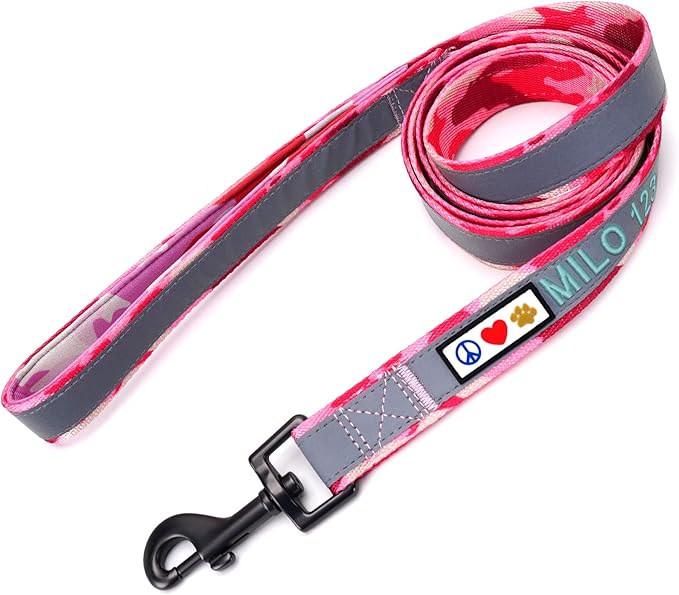 Pawtitas Personalized Dog Leash Embroidered Customize Your Pet Name & Phone Number Puppy Reflective 6 ft Long Small Camouflage Pink Custom Tag Name, Pink Camo