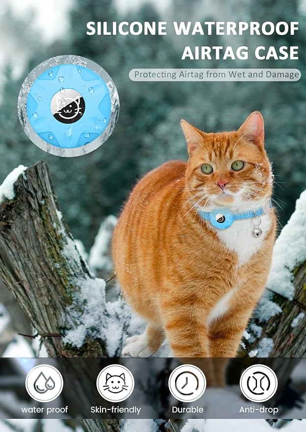 AirTag Cat Collar, Reflective Kitten Collar Breakaway Apple Air Tag Cat Collar, GPS Cat Collar with AirTag Holder and Bell, Lightweight Tracker Cat Collars for Girl Boy Cats Puppies (Luminous Blue)