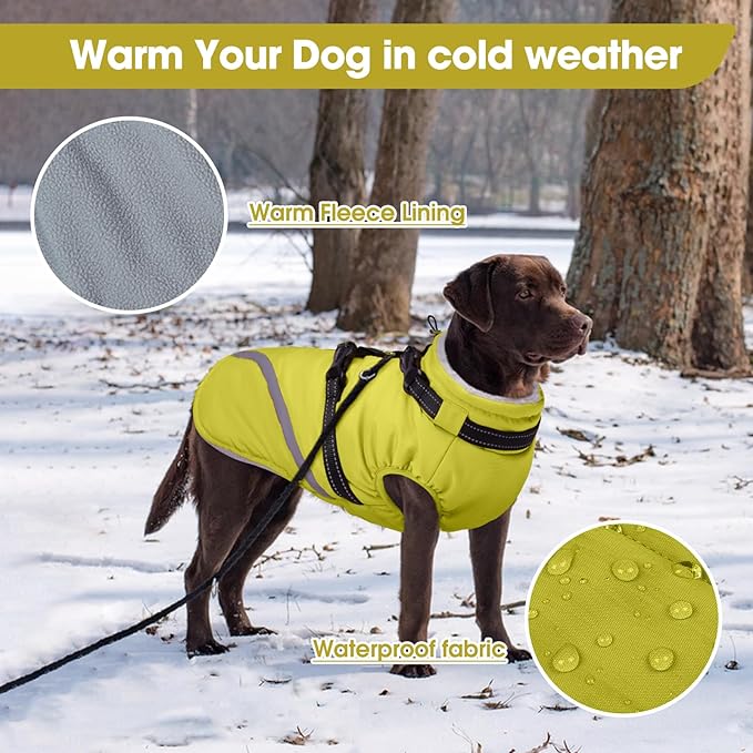 BRKURLEG Dog Winter Jackets for Small Dogs, Dog Coat with Harness Built in, Dogs Snowsuits with Zipper, Waterproof Windproof Pet Puffer Jacket Fleece Vest for Shih Tzu, Maltese, Green S