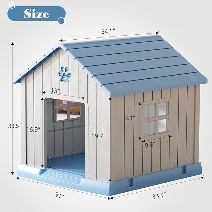 Dog House Outdoor Indoor - Waterproof, Ventilated, Easy to Clean, Elevated Floor for Small-Large Dogs, Easy to Assemble (Blue, 31" L x 33.3" W x 33.5" H)