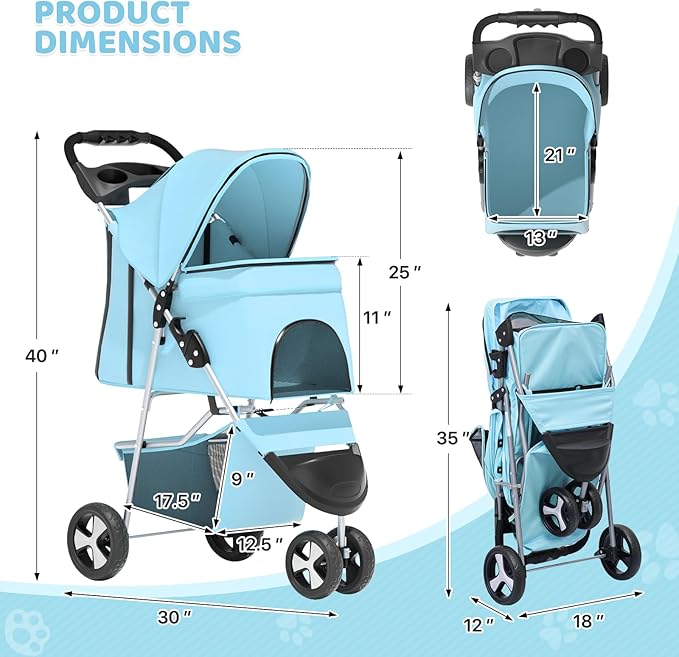 Magshion 3-Wheel Pet Stroller, Foldable Travel Jogger for Small & Medium Dogs & Cats (Up to 33lbs), Lightweight Carrier with Breathable Mesh Cover, Cup Holder & Storage Basket, Mint Green
