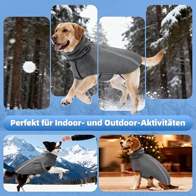 SlowTon Winter Dog Coat, Warm Polar Fleece Lining Doggie Outdoor Jacket with Turtleneck Scarf Reflective Stripe Adjustable Waterproof Windproof Puppy Vest Soft Pet Outfits (L+,Grey)