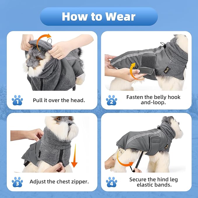 SlowTon Winter Dog Coat, Warm Polar Fleece Lining Doggie Outdoor Jacket with Turtleneck Scarf Reflective Stripe Adjustable Waterproof Windproof Puppy Vest Soft Pet Outfits (M,Grey)