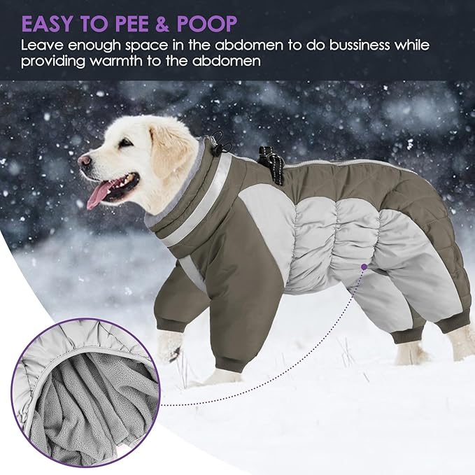 SUNFURA Full Body Dog Coat - Warm Fleece Jacket for Extra Large Dogs, Turtleneck Winter Coats with Harness, Reflective Dog Snowsuit Windproof Puffer Jackets with Legs for Great Dane, Army Green 3XL