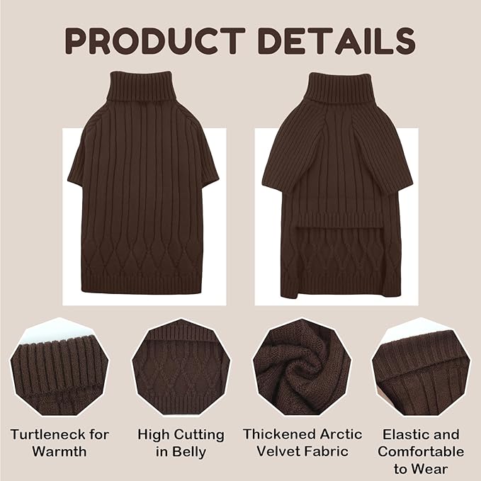 Large Breed Dog Sweater, Warm Winter Fall Turtleneck Knitwear for Girls Boys, Christmas Pet Sweatshirt Clothes Outfit for Great Dane, Doberman (Brown XXXXL)