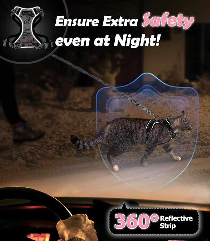 Halypet Cat Harness and Leash Set[MAX Safety 4th-Gen] Cute Escape Proof Vest Harness for Girl&Boy Cat Walking, Comfortable Adjustable Leash and Reflective Strips for Outdoor Kitten, M Inky Meowy