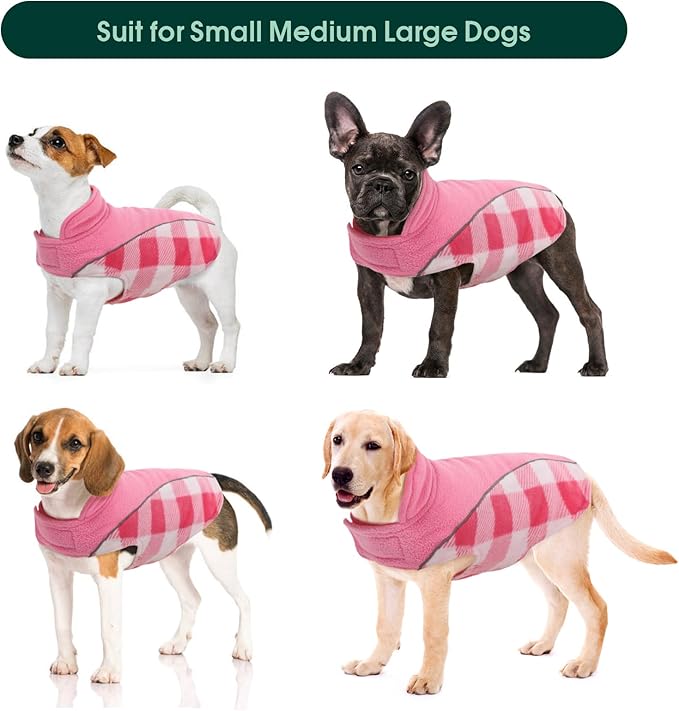 Kuoser Dog Winter Coat, Reversible Waterproof Dog Jacket with Reflective Strip, Warm Dogs Fleece Vest Adjustable Doggy Cold Weather Clothes Plaid Christmas Outfit Pet Apparel for Large Dogs, Pink XL