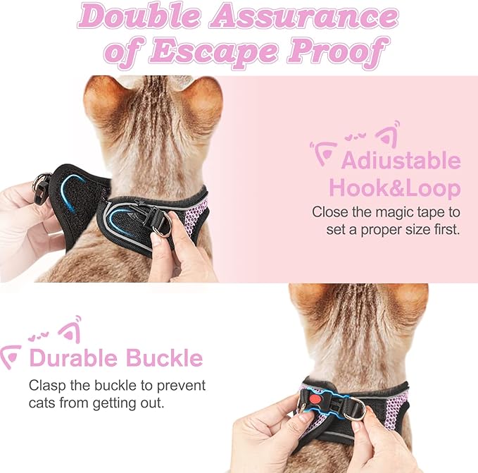 Cat Harness and Leash for Walking Escape Proof, Adjustable Kitten Vest Harness Reflective Soft Mesh Puppy Harness for Outdoor, Comfort Fit, Easy to Control (Lpink, S)