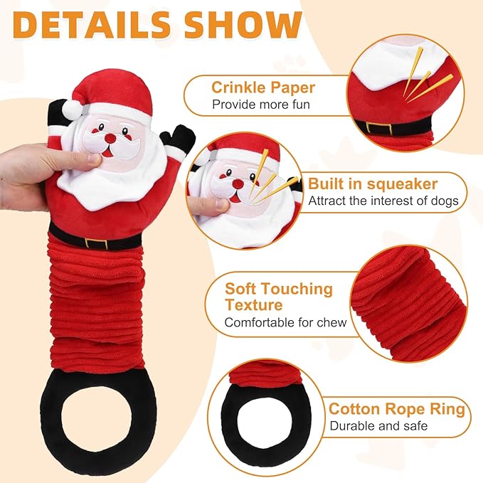 KOOLTAIL Christmas Dog Toys, Tough Plush Dog Chew & Squeaky Toys with Crinkle Paper, Interactive Training & Tug of War Puppy Teething Toy for Indoor Outdoor Play for Small Medium Large Dogs, Santa