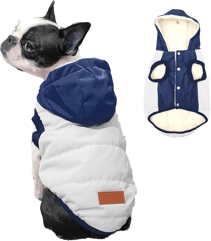 Fleece Lining Extra Warm Dog Hoodie in Winter,Small Dog Jacket Puppy Coats with Hooded,Beige and Blue S