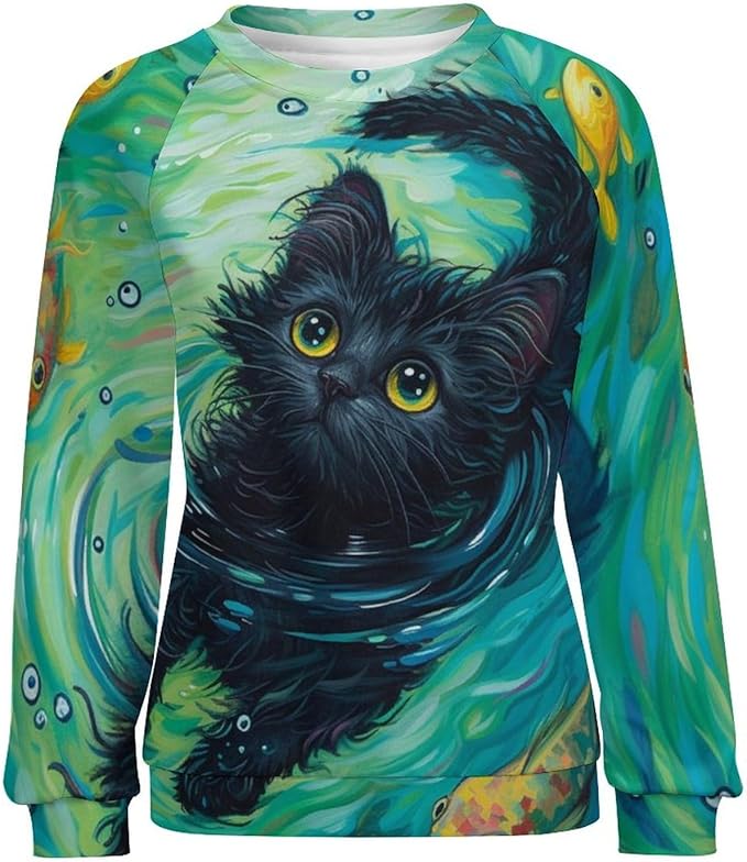 Long Sleeve Shirts for Women Cat Oil Painting Shirt 3D Graphic Sweatshirts Fall Pullover Crewneck Vintage Boho Tops
