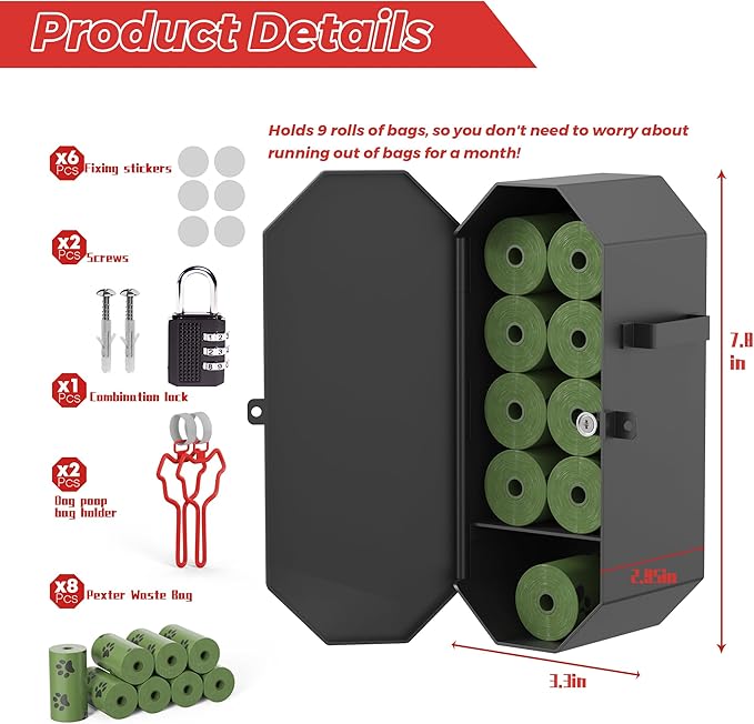 Dog Poop Bag Dispenser Wall Mount with 2Pcs Holders and 8 Rolls of Waste Bag, Metal, Corrosion-resistant, Combination Lock, Dark Gray, Suitable for Outdoor, Indoor, Raising Dogs