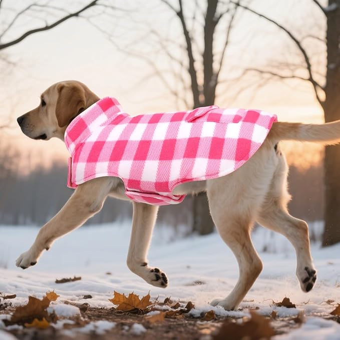 ASENKU Dog Winter Coat, Fleece Doggie Jacket Plaid Reversible Vest Waterproof Windproof Cold Weather Clothes for Small Medium Large Dogs (M, Pink)