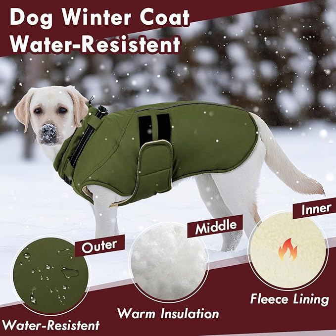 Dog Coats for Medium Dogs, Waterproof Winter Coat with Harness Bulit in, Reflective Reflective Adjustable Hook&Loop Dog Snowsuit for Cold Weather Warm Snow Jacket, M Green