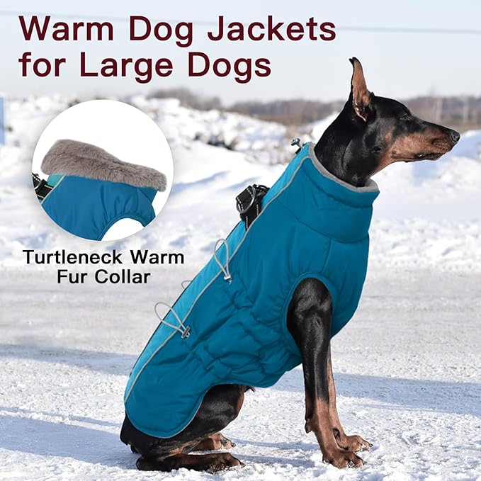Dog Winter Jacket - Large, Warm Zip Up Snowsuit Dog Harness Vest, Reflective, Water-Resistant, Green