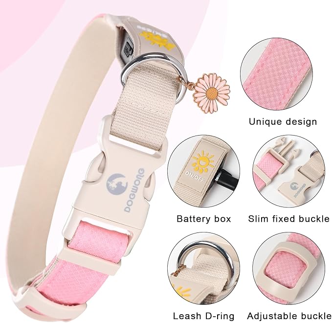 DOGWONG LED Dog Collar - Heavy Duty Light up Collars - Rechargeable Waterproof - Lighted Dog Collar for Night Walking, Hiking, Camping(Pink,S)