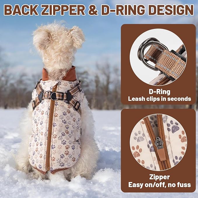 Dog Winter Coat for Small & Medium Dogs (Up to 32lb), Waterproof Dog Coat with Harness, Puppies Windproof Puppy Puffer Jacket, Snowsuit for Dachshund,Frenchie, Corgi (Paw Brown, Large)