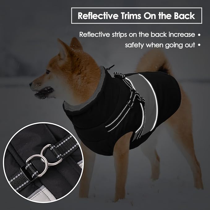 SUNFURA Dog Winter Coat, Waterproof Dog Coat Jacket with Harness for Medium Dogs Boys Girls, Reflective Fleece Lined Pet Snow Jacket Sweaters for Pug, Jack Russel, Boston Terrier, Black M
