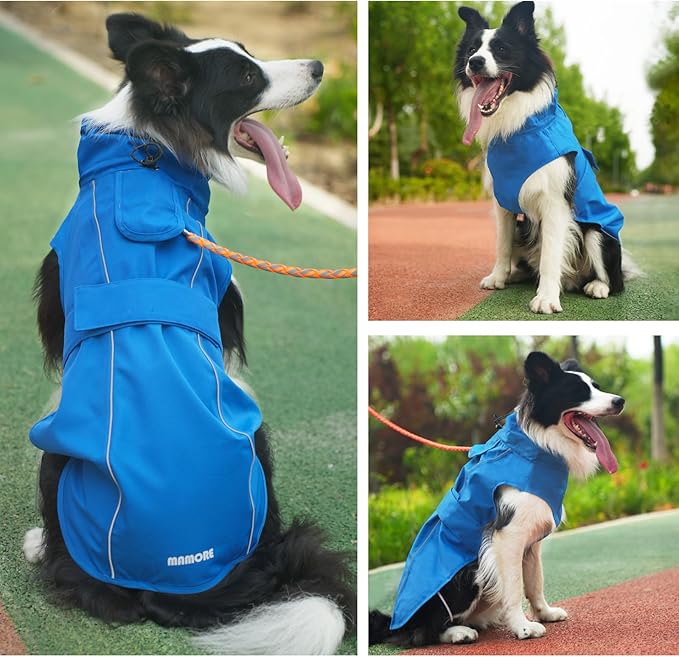 Waterproof Dog Raincoat, Adjustable Lightweight Dog Rain Jacket with Reflective Strip Leash Hole for Small Medium Large Dogs (Blue, X-Large(37-55lb))