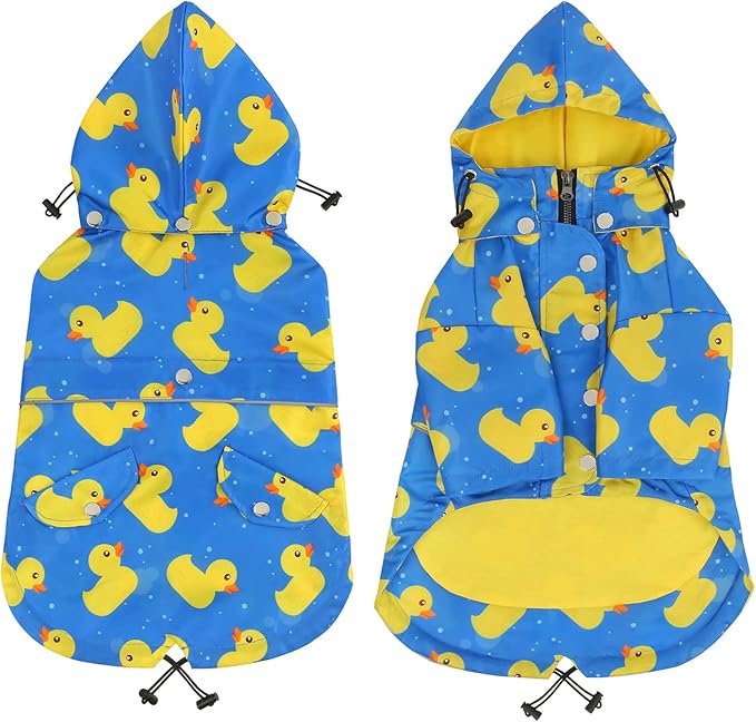 HDE Dog Raincoat Poncho Double Layer Zip Rain Jacket with Removable Hood, Leash Hole for Small to 3XL Dogs and Puppies Ducks Blue - M