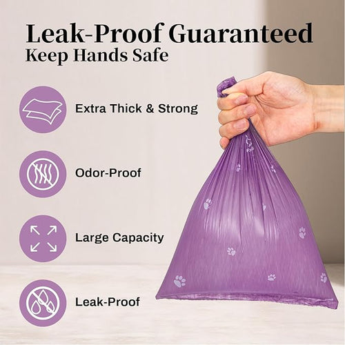 420 Count Dog Poop Bags Rolls with Dispenser & Leash Clip, 9″ x 13″ Scented Biodegradable Leak Proof Poop Bags for Dogs, Cats & Pet Waste, 28 Refill Rolls of 15, Purple