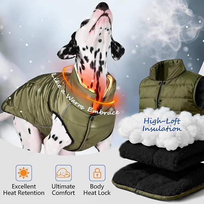 Dog Winter Jacket Waterproof, Reflective Fleece Lined Dog Coats for Small Medium Large Dogs, Warm Snow Coat for Dogs, Insulated Cold Weather Dogs Puffer Jackets with Leash Hole, Olive, 2XL