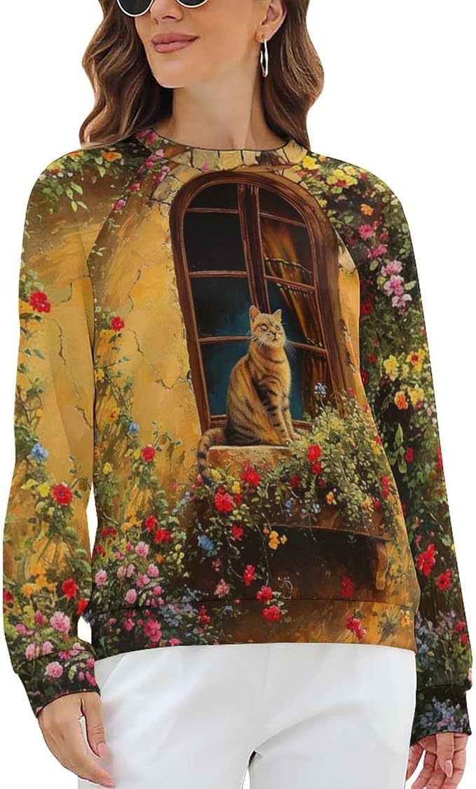 Long Sleeve Shirts for Women Cat Oil Painting Shirt 3D Graphic Sweatshirts Fall Pullover Crewneck Vintage Boho Tops