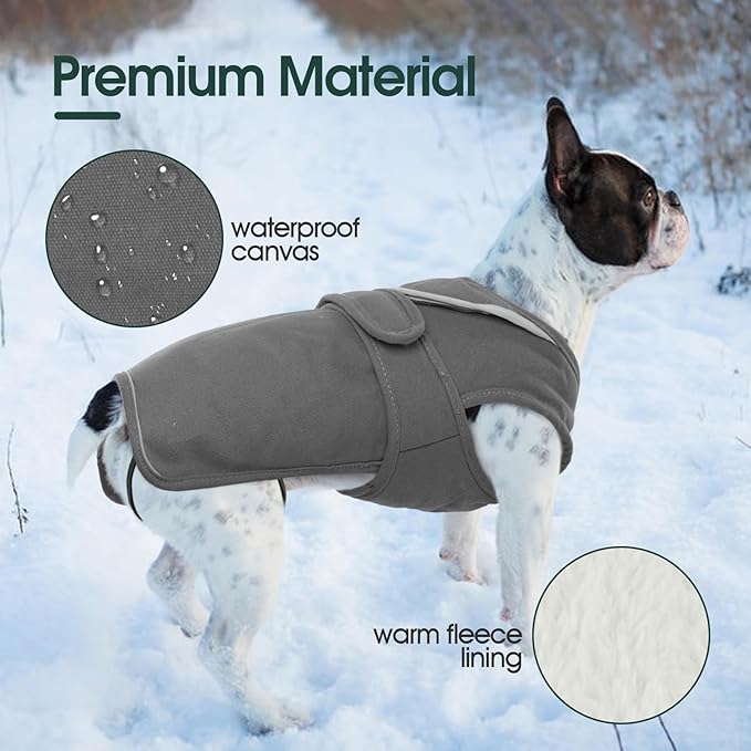 Kuoser Canvas Dog Coat, Warm Dog Jacket Reflective Fleece Pet Cold Weather Coat, Warm Doggie Clothes Waterproof Winter Vest with Zipper Leash Hole for Small Medium Large Dogs, Grey XS