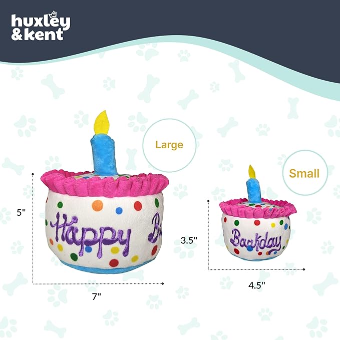 Huxley & Kent Funny Dog Toy w/Squeaker – Power Plush Squeaky Dog Toys for Small, Medium & Large Dogs – Soft Stuffed Animal for Indoor Play & Fetch - Happy Barkday Cake, Small