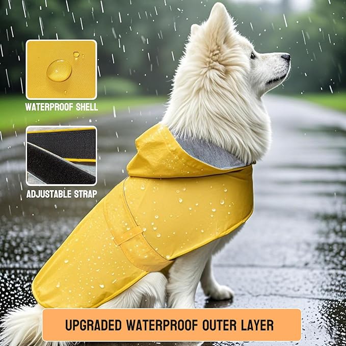 Dog Raincoat Dog Rain Jacket Poncho Waterproof Pet Rain Suit Double Layer Breathable Lining Hooded Leash Hole Adjustable for Medium Dogs,Yellow,XXXL