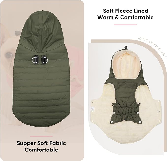 Fleece Lining Dog Hoodie with Harness Built in,Extra Warm Large Dog Jacket in Winter Doggie Coats with Drawstring Hooded,Green XXXL
