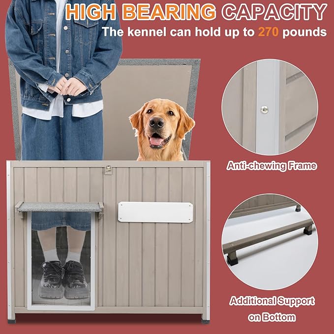 Outdoor Dog House Weatherproof, Wooden Puppy Shelter with Anti-Chewing Iron Frame and Elevated Floor, Sturdy Dog Kennel for Small, Medium & Large Dogs (Gray, 40" L x 26" W x 31" H)